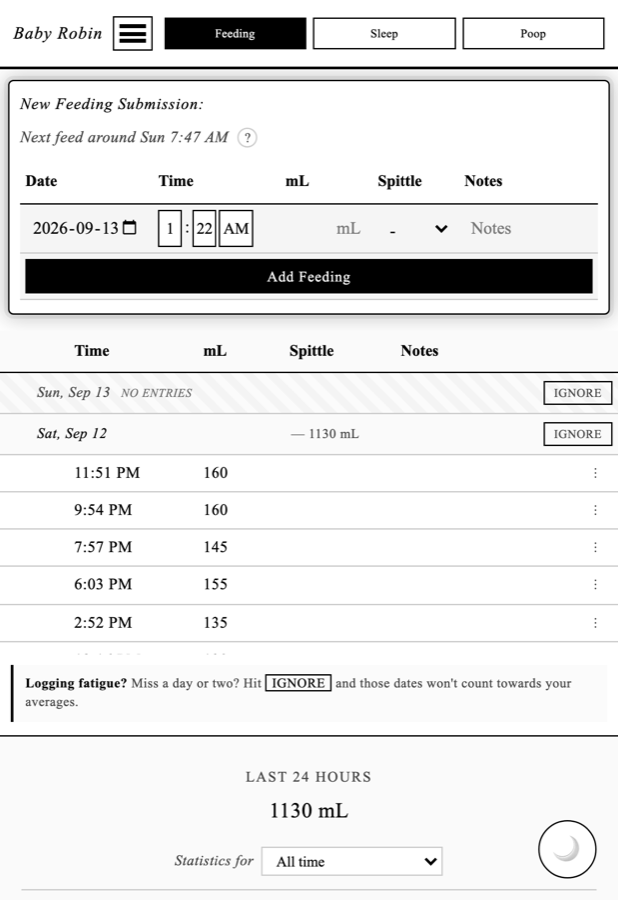 The feeding log, with each feed and its amount
